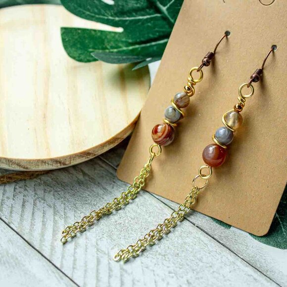 Elegant Three-Bead Multicolor Agate Dangle Earrings with 14k Gold Chain - Picture 9 of 9